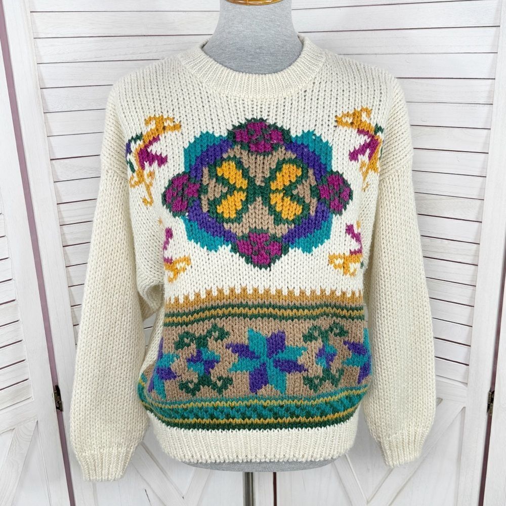 Vintage Rafferty 80s 90s Floral Chunky Knit Sweater Ivory Large Crewneck‎